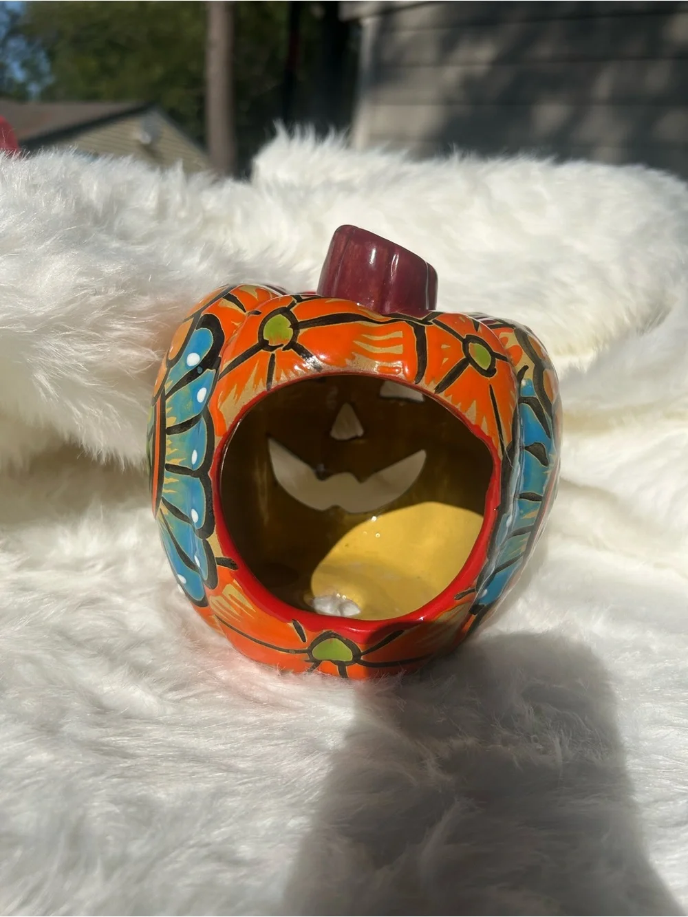 Talavera Ceramic Pumpkin Jack-O-Lantern Figurine Medium Hand Painted Mexico